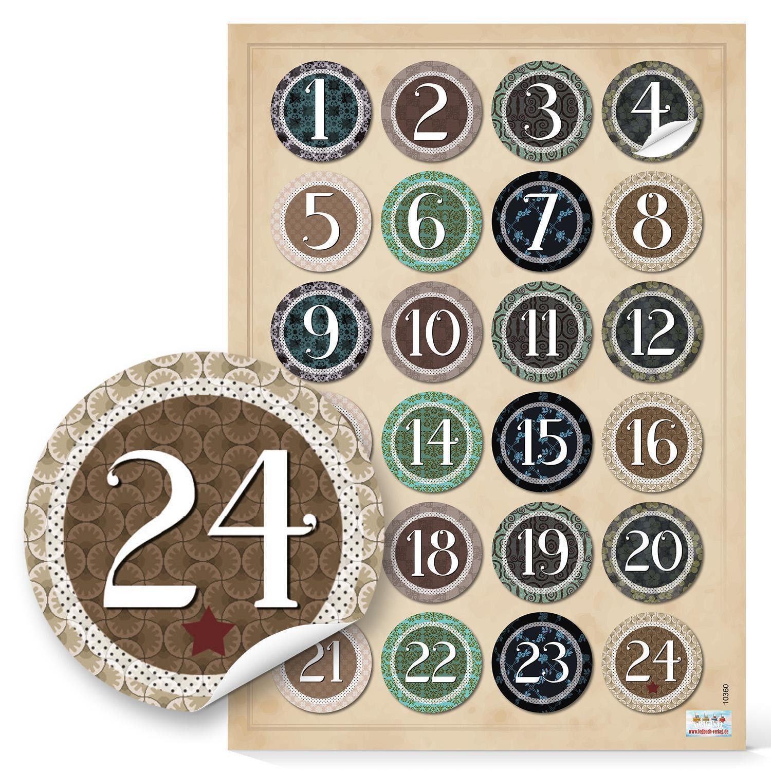 Aufkleber 2 x 24 Adventskalenderzahlen VINTAGE zum Basteln Sticker Aufkleber