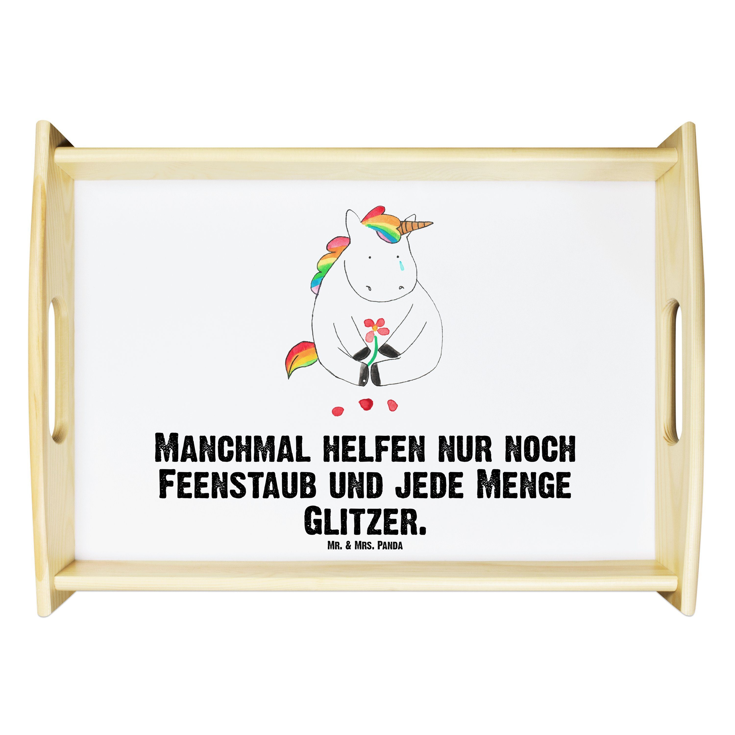 Mr. & Mrs. Panda Tablett Einhorn Traurig - Weiß - Geschenk, Tablett, Holztablett, Grußkarte, E, Echtholz lasiert, (1-tlg)