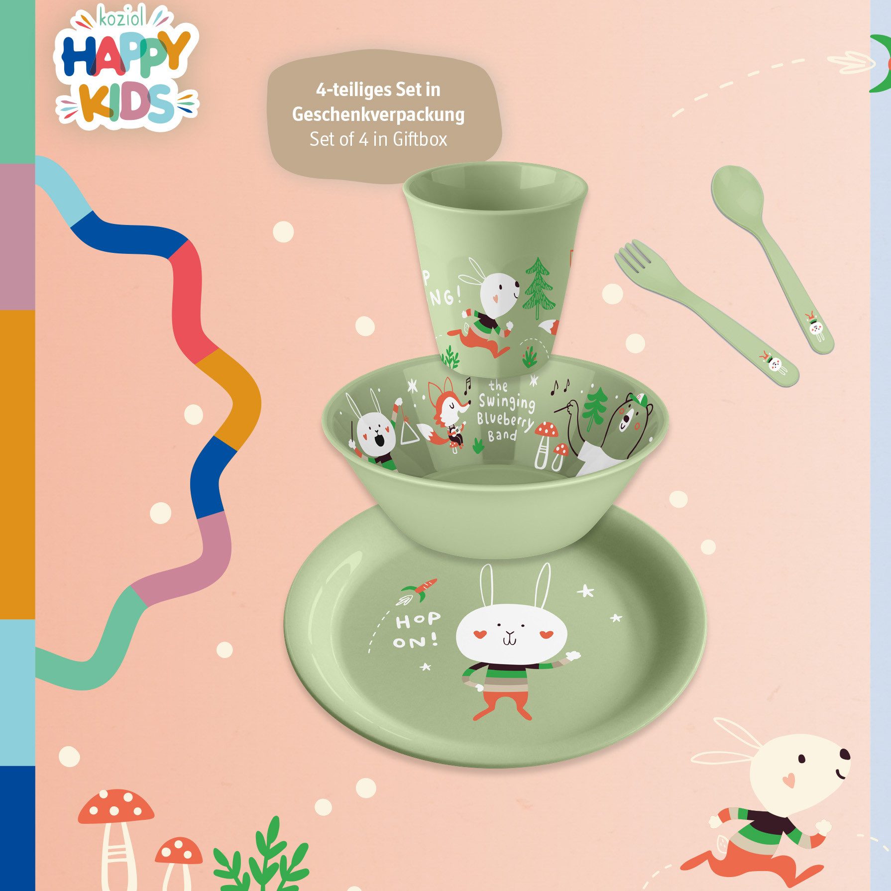 KOZIOL Kindergeschirr-Set HOP ON AT HOME (4-tlg), 1 Personen, Kunststoff, (Teller, Schale, Becher, Besteckset), melaminfrei