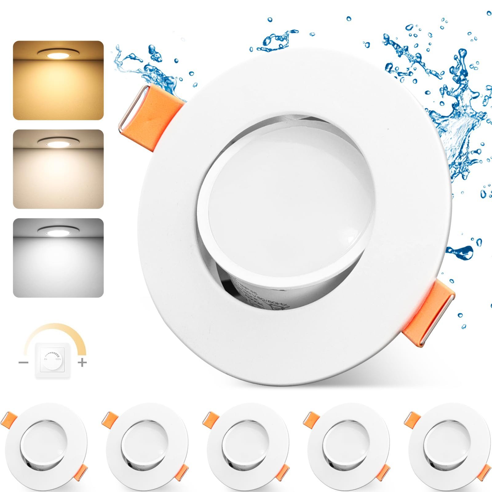 GeyouLux LED Einbaustrahler Dimmbar 68-80mm 4.9W Ultra Flach LED Spots, 45°Schwenkbar, warmweiß, neutralweiß, kaltweiß, Deckenspots, Einbauleuchten Küche Spots Deckenleuchte 6er Set