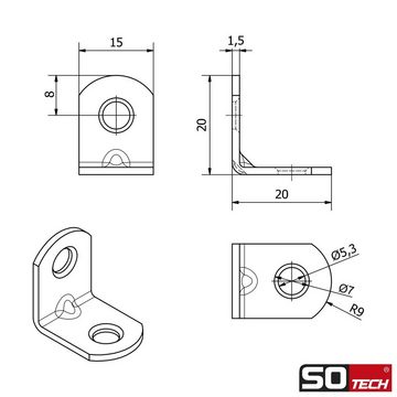 SO-TECH® Winkelverbinder L-Winkel abgerundet, Stahl verzinkt, Lochung gesenkt, LxB: 2x1.5 mm, (10-St), Stuhlwinkel mit Sicke, 20 x 20 x 15 x 1,5 mm