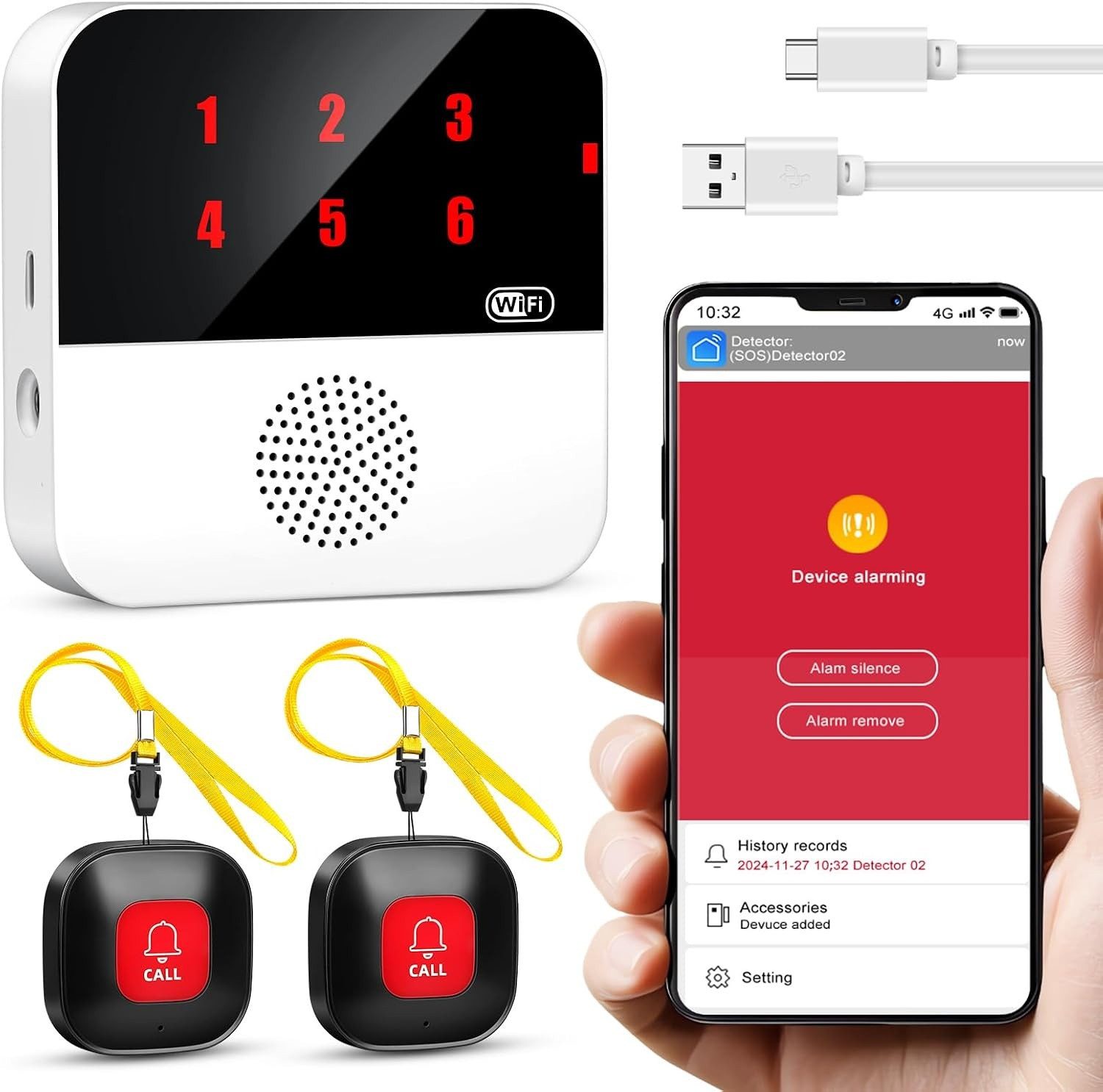 Fyrove Notrufknopf für Senioren, WiFi Alarmanlage Haus, Notruf Alarmanlage Notrufknopf (App-Benachrichtigung weltweiter Alarm Notruffunktion)
