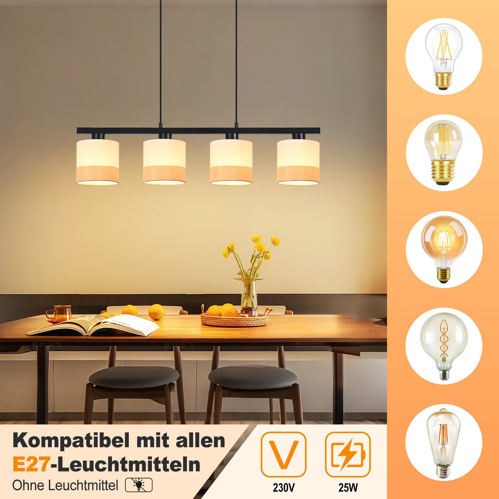 ZMH Pendelleuchte Esstisch 1/3/4 flammig E27 Retro Stoff Esszimmerlampe, ohne Leuchtmittel, 120cm Höhenverstellbare Hängeleuchte für Küche Wohnzimmer