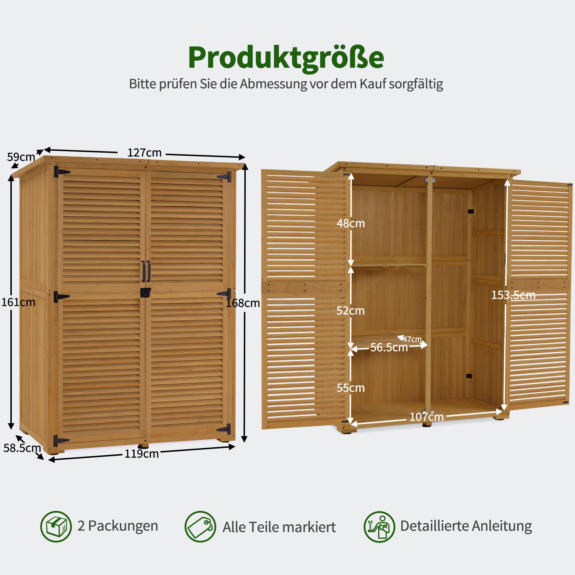 MCombo Gerätehaus M MCombo Gartenschrank Gartenhaus Holz 0901, 127×59×168 cm, Geräteschuppen, Wetterfest, Outdoor