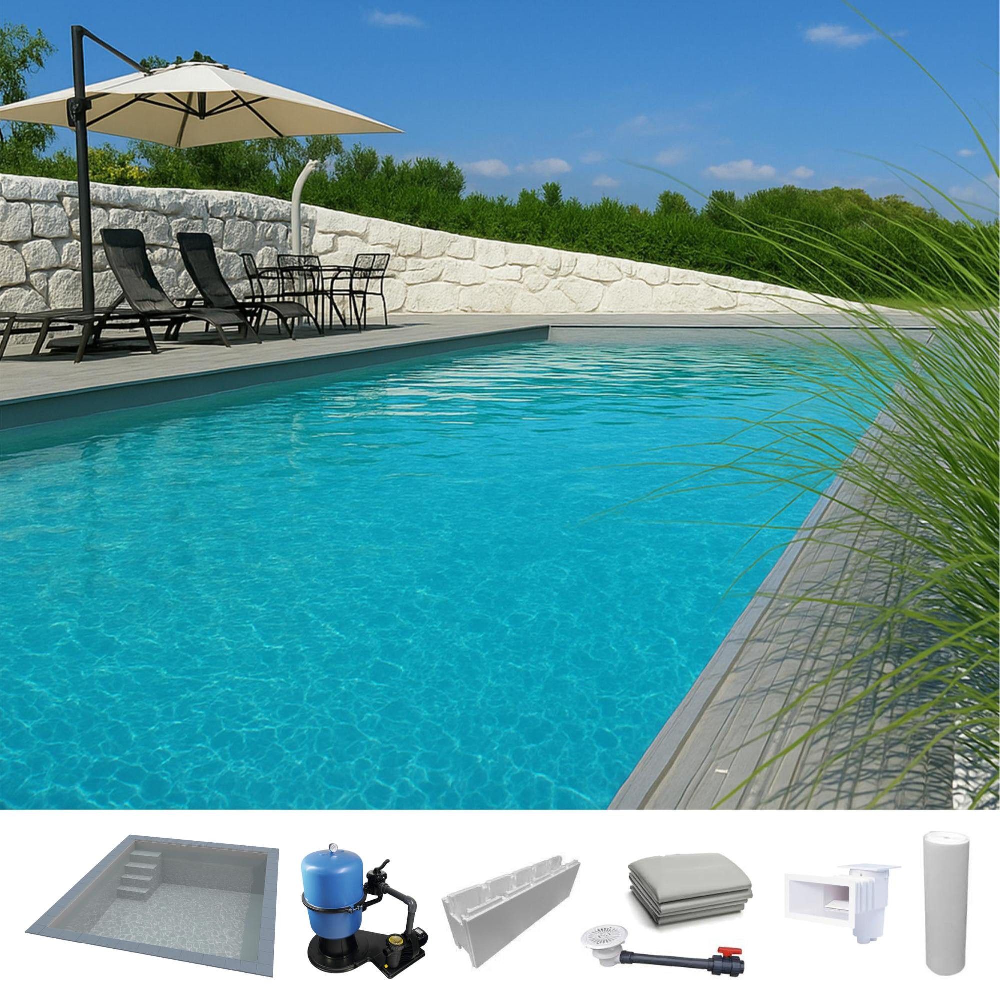 KWAD Rechteckpool KWAD Styropor Pool Easy mit gerader Treppe links 7 (Komplett-Set), Langlebige Styroporsteine