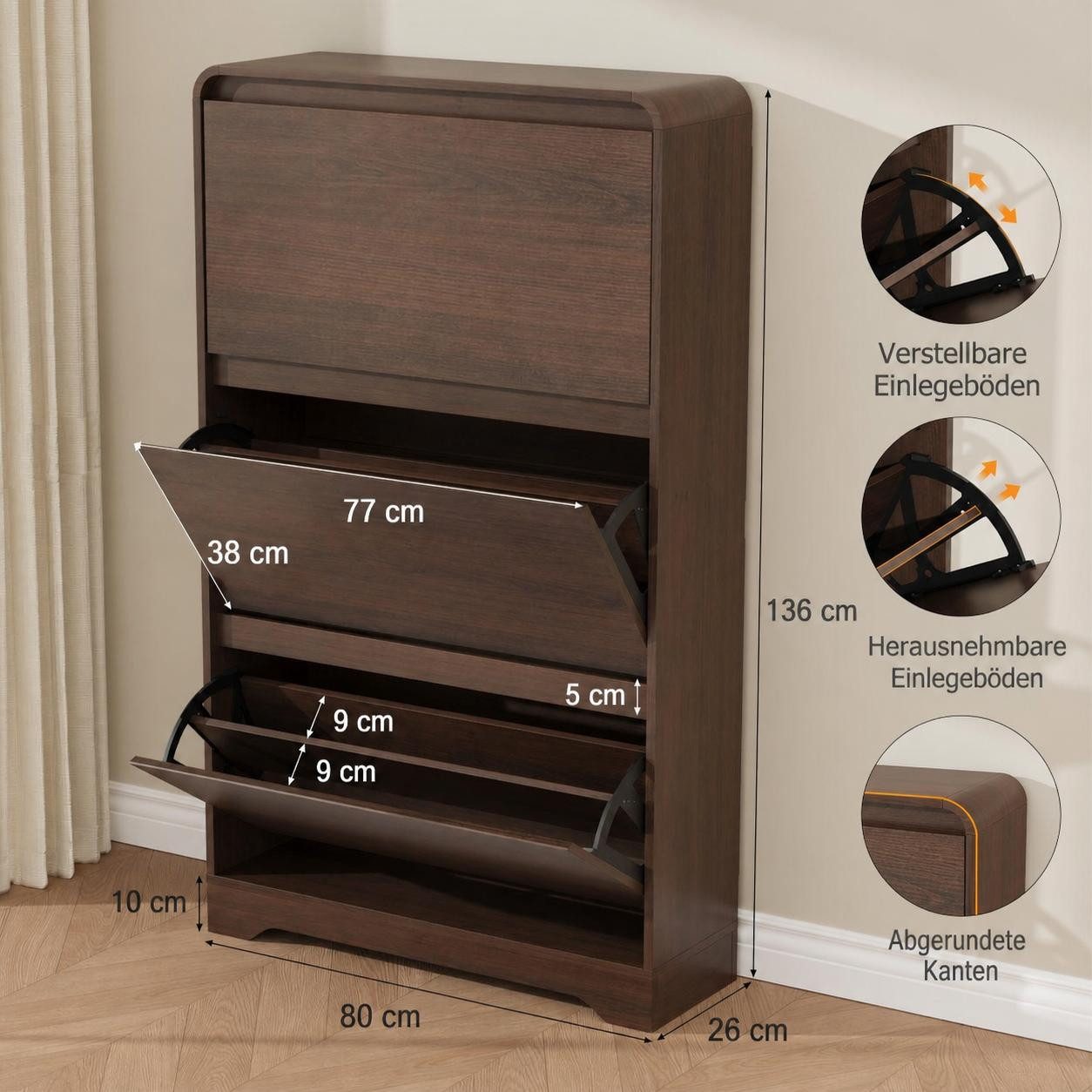 GarveeMore Schuhschrank 136 cm Hoch Modernes Design Schmaler Mehrzweckschrank mit Klapptüren (1-St., 1 x Schuhschrank) Schlanker Schuhschrank für 18-24 Paar, Verstellbare Einlegeböden