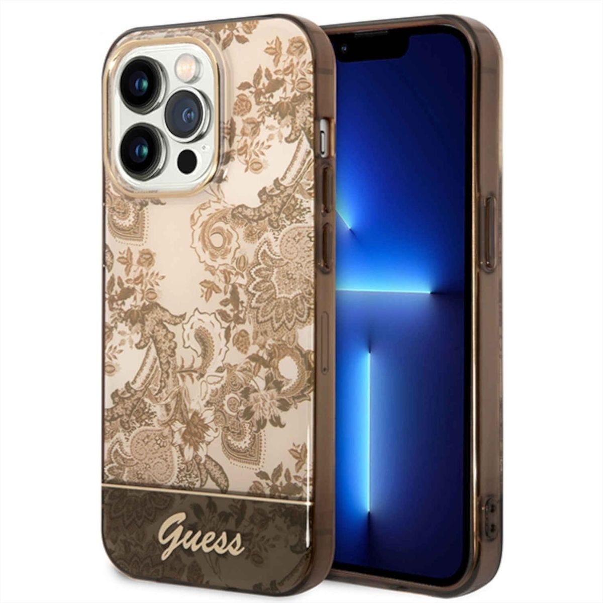 Guess Handyhülle GUESS Schutzhülle für Apple iPhone 14 Pro Cover Schutzhülle Etui Hard Case Ocker