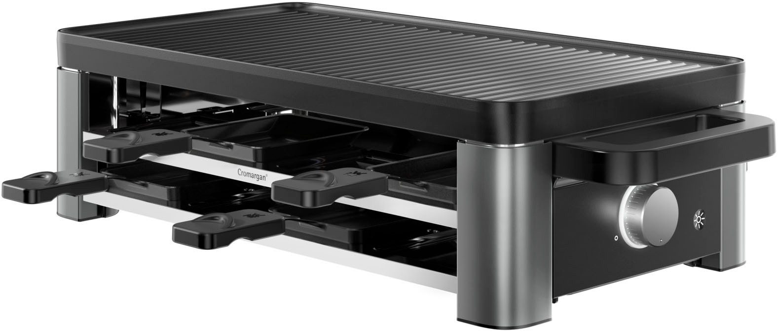 WMF Raclette Master, indirekte LED-Beleuchtung, Keramikbeschichtung, 8 Raclettepfännchen, 1500 W, Variable Temperatur, spülmaschinengeeignete Pfännchen und Spatel