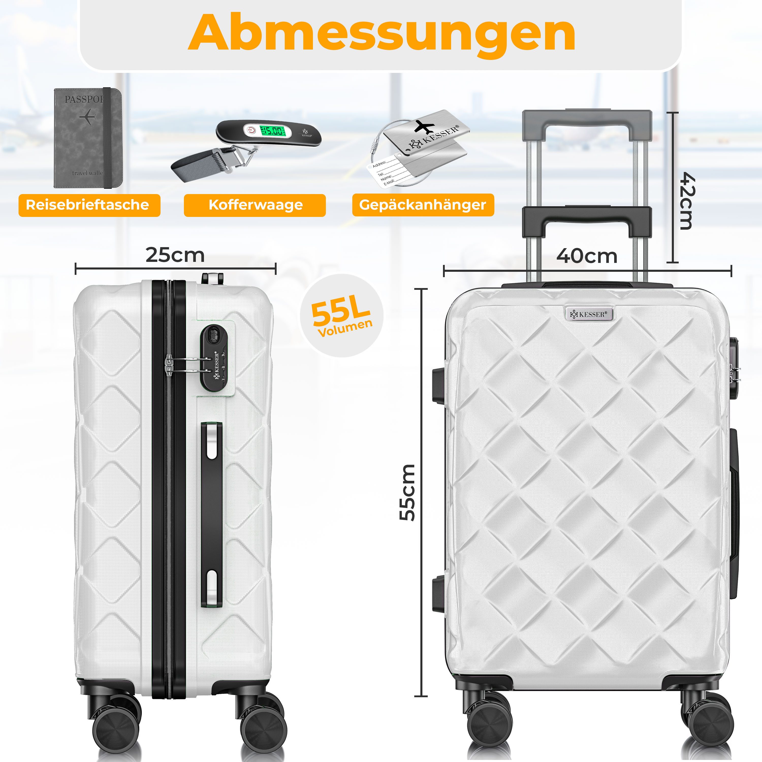 KESSER Hartschalen-Trolley Reisekoffer, 4 Rollen, ABS Hartschalenkoffer mit Zahlenschloss Kofferwaage & Reisebrieftasche