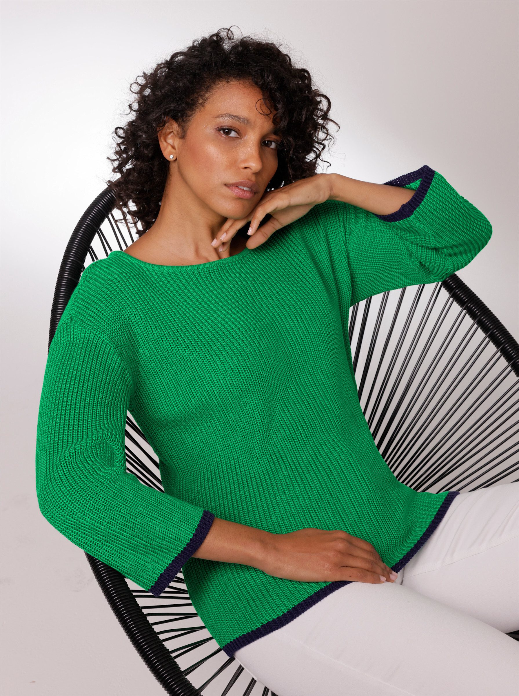 creation L Strickpullover Lyocell-Baumwoll-Pullover 3/4-Arm Rippoptik