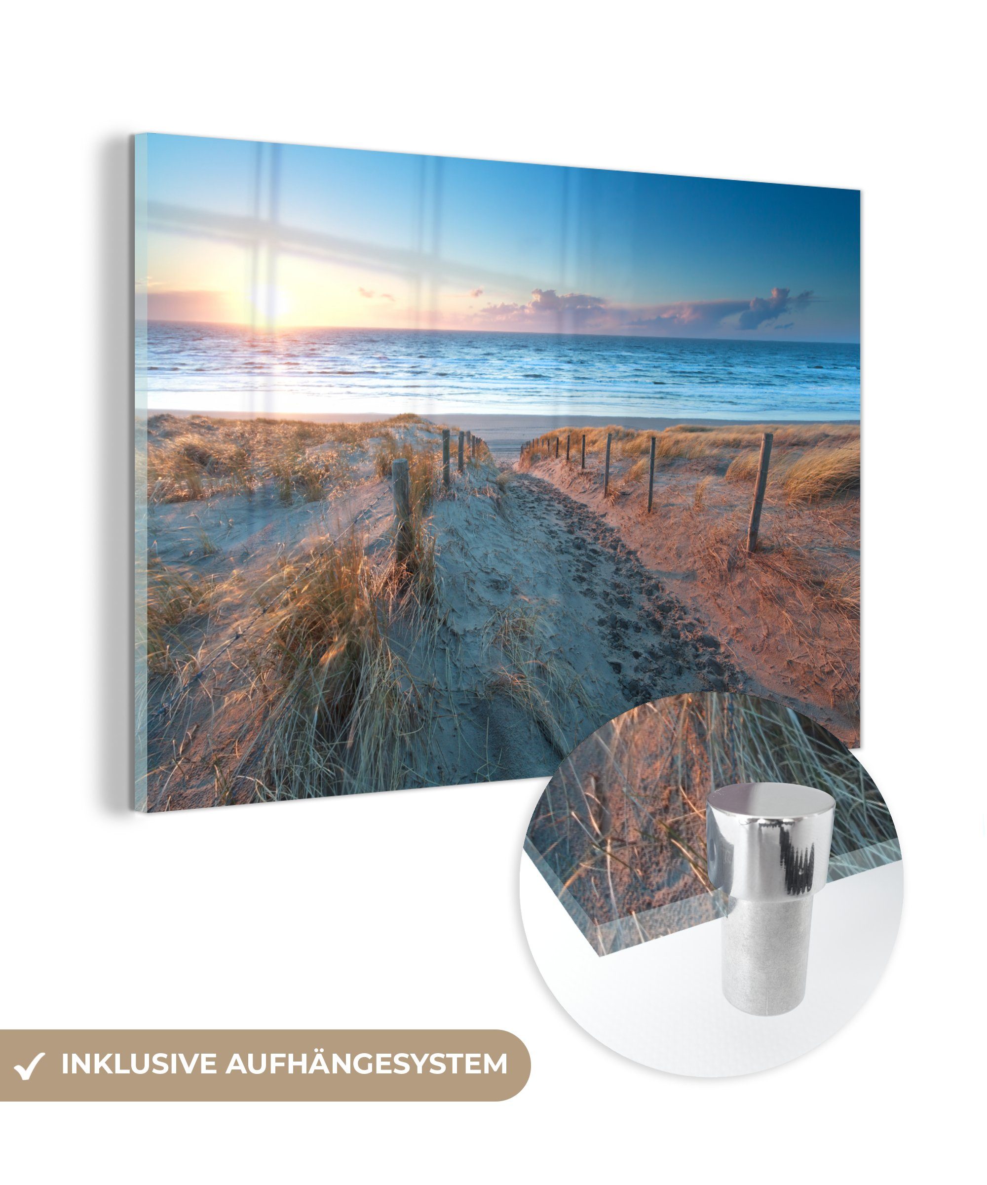 MuchoWow Acrylglasbild Strand - Meer - Sonne - Düne, (1 St), Glasbilder - Bilder auf Glas Wandbild - Foto auf Glas - Wanddekoration