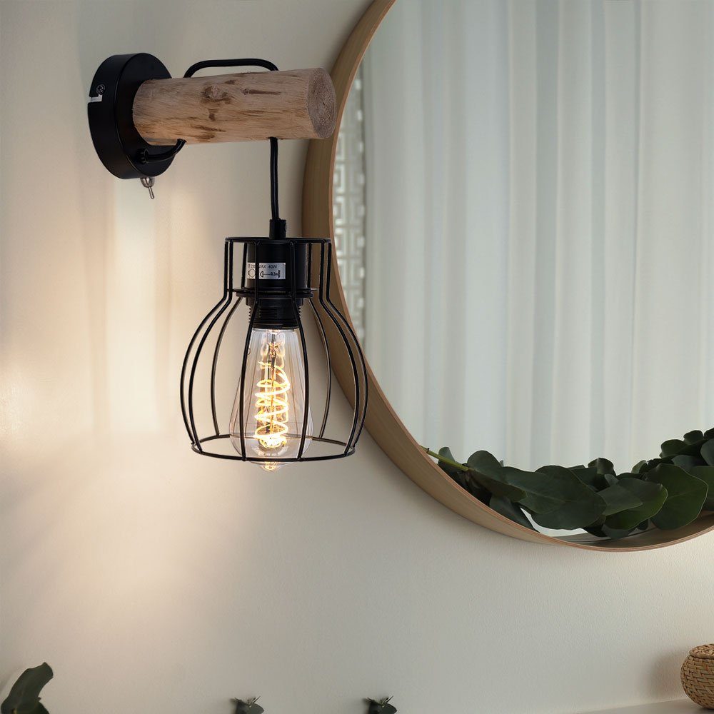 etc-shop LED Wandleuchte, Leuchtmittel inklusive, Warmweiß, Retro Wand Leuchte Filament Käfig Design Holz Natur Strahler Vintage | Wandleuchten