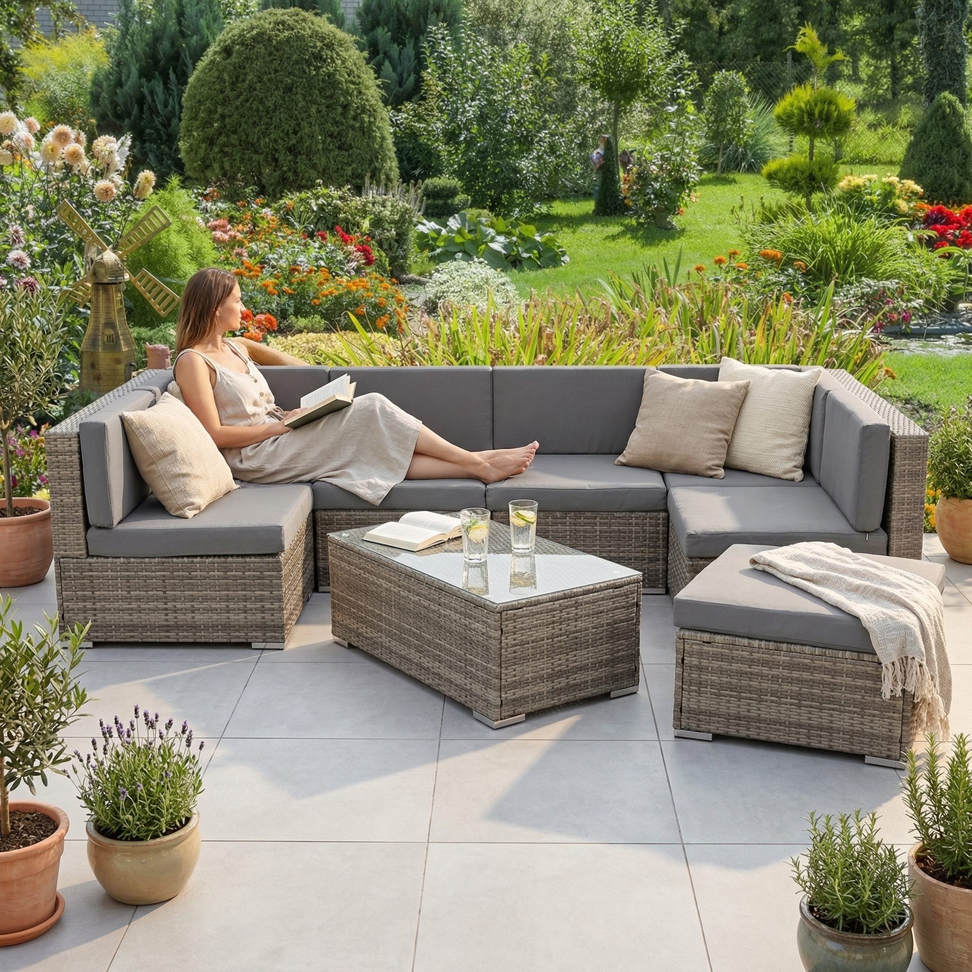 Mucola Gartenlounge-Set Lounge Gartenmöbel Set Sitzgruppe Polyrattan Gartenlounge Gartenmöbel, (Set, 1x Mehrteiliger Sofa 1x Ottomane 1x Tisch), Kissen inkl. Re – Bild 4 von 5