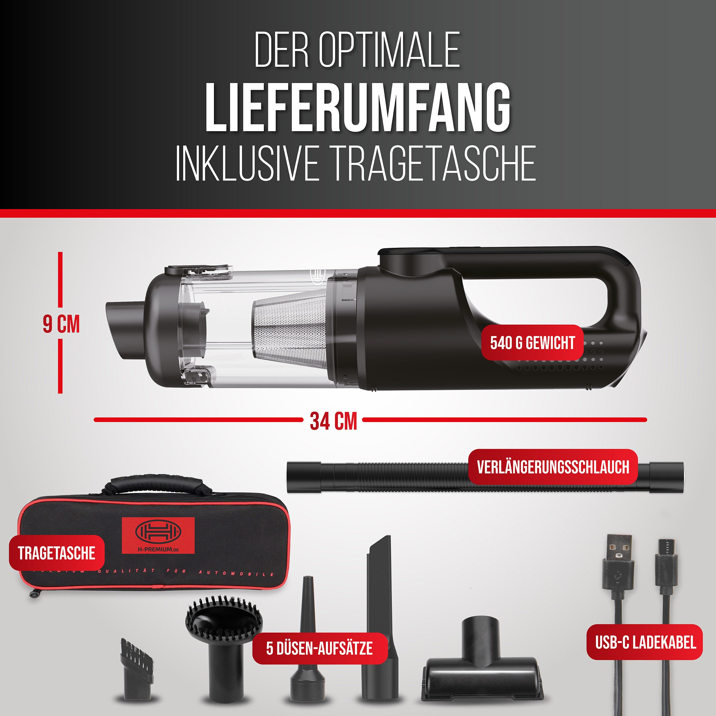 HEYNER Handstaubsauger Akku Staubsauger 120W 16.000 Pa Auto Gebläse Hepa-Filter bürstenlos, 120 W, Beutellos mit Filter