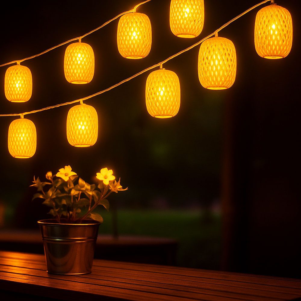 GLOBO LIGHTING LED Dekolicht, LED-Leuchtmittel fest verbaut, Warmweiß, Lichterkette Solarlampe Außenleuchte 8x LED Lampion natur Gartendeko L