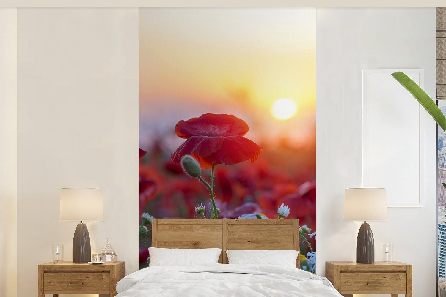 MuchoWow Fototapete Landschaft mit Mohnblumen am Morgen, Matt, bedruckt, (2 St), Vliestapete für Wohnzimmer Schlafzimmer Küche, Fototapete