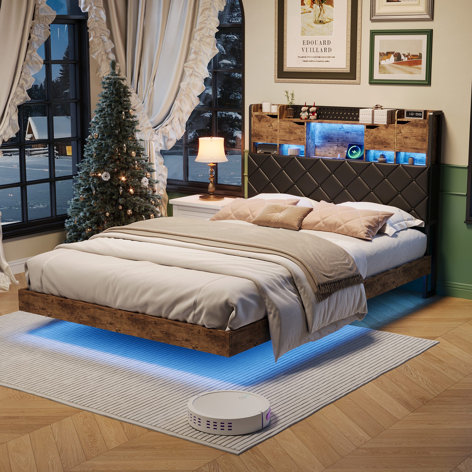 zebery Polsterbett Doppelbett mit LED-Beleuchtung und Ladestation, Jugendbett 140x200cm mit USB&Typ-C,Metallrahmen