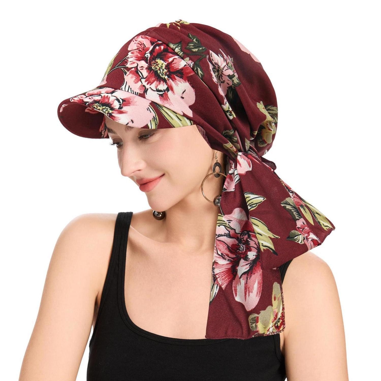 LuxusKollektion Turbanmütze Chemo Kopfbedeckung Damen Krempe Gebunden Blumenmuster Burgunderrot