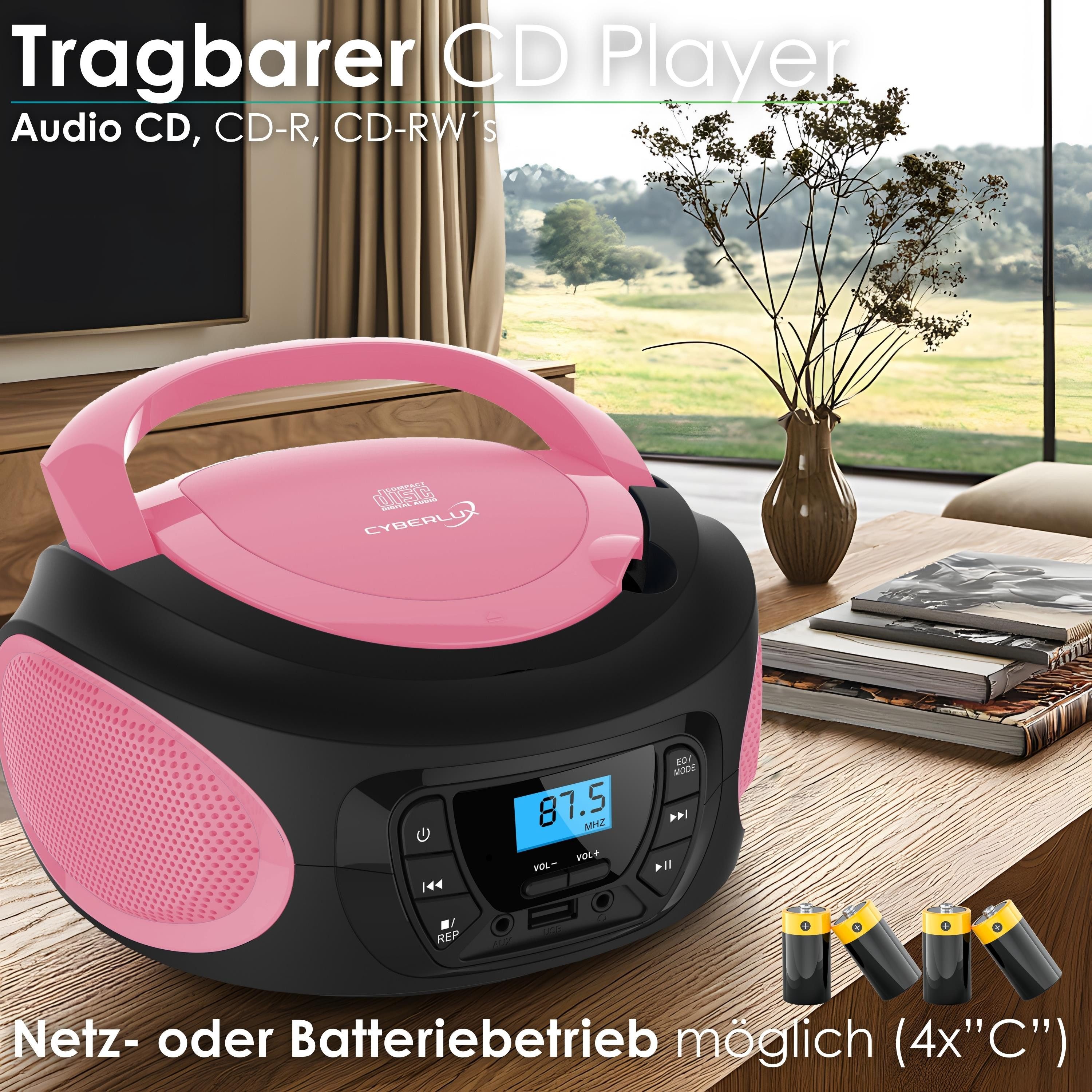Cyberlux CL-620 tragbarer CD-Player (CD, Kinder CD Player tragbar, Boombox, Musikbox, FM Radio mit MP3 USB)