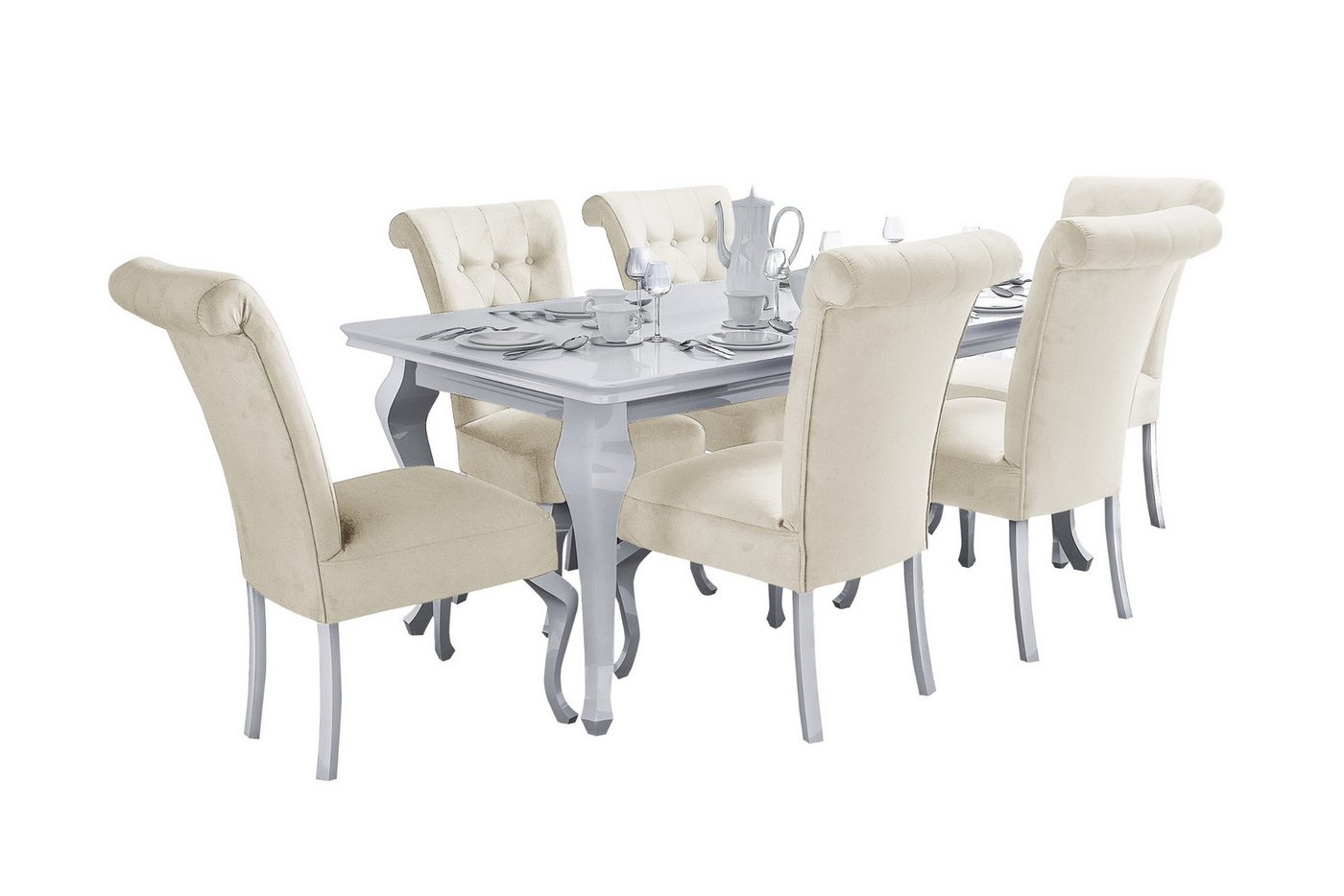 Deine Möbel 24 Essgruppe LUISE Tischgruppe Glamour Tisch mit 4 / 6 Stühlen Esszimmer, (Graphit Anthrazit Dunkelgrau Grau Beige Schwarz, 7-tlg., Wohnzimmer, Esstisch aus Massivholz), in Weiß hochglanz Stühle in Samt Velour 140x80x180 170x90x210