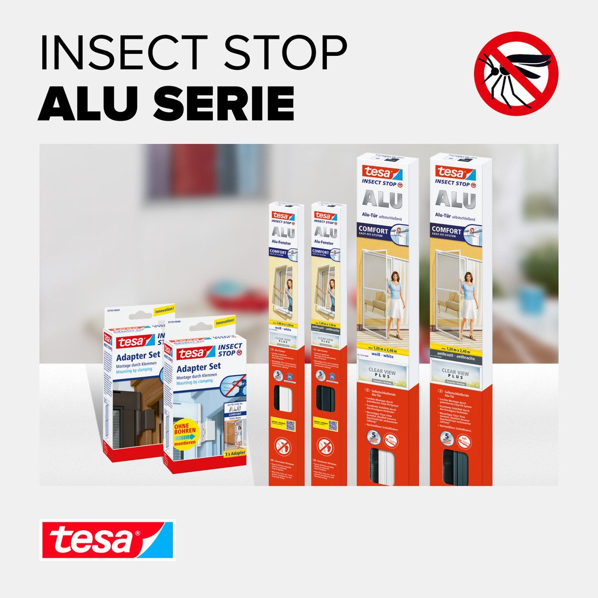 tesa Insektenschutz-Fensterrahmen Insect Stop ALU Comfort Fliegengitter für Fenster - 1.4 m : 1.5 m, (Packung, 1-St., Fliegennetz, Aluminiumrahmen), Insektenschutz für Fenster - Aluminiumrahmen