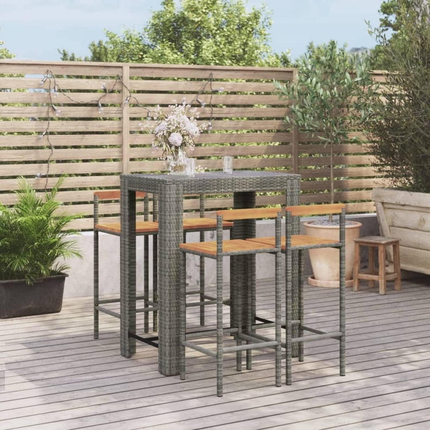 LuxusKollektion Bartisch Gartenbar Set Grau Poly Rattan Massivholz (1-St)