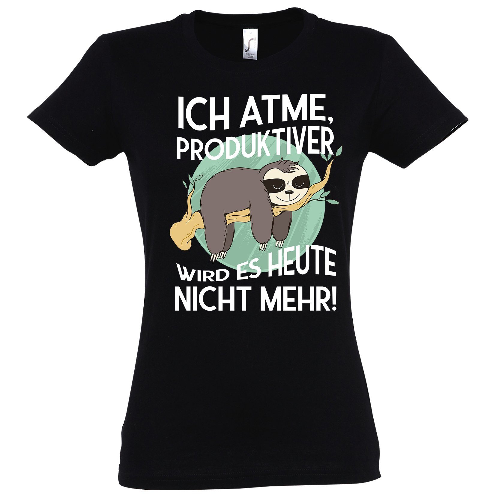 Youth Designz T-Shirt Ich atme, produktiver wird es heute nicht mehr Damen Shirt mit lustigem Faultier Frontprint Schwarz