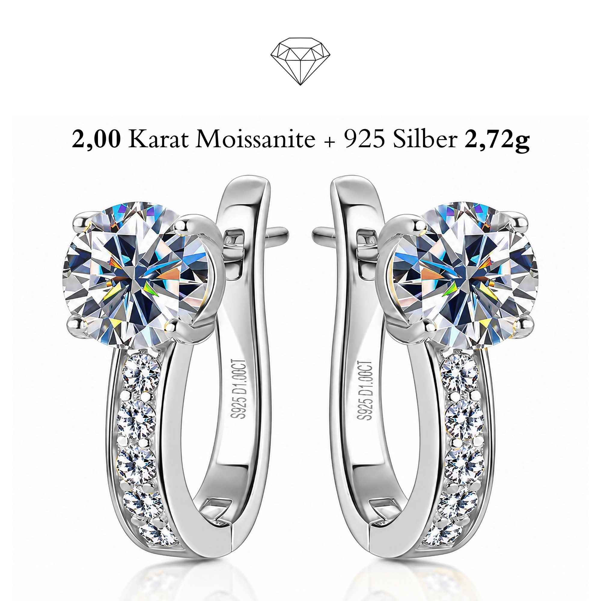 UNIQAL.de Paar Creolen Damen ELYSIA – 2 Karat Moissanit & 925 Sterling Silber (vergoldete oder weißgold-veredelte Ausführung mit Solitär-Effekt, inkl. Luxus-Etui & GRA Zertifikat), Premium-Qualität, hautverträgliche Materialien und dauerhafte Brillanz