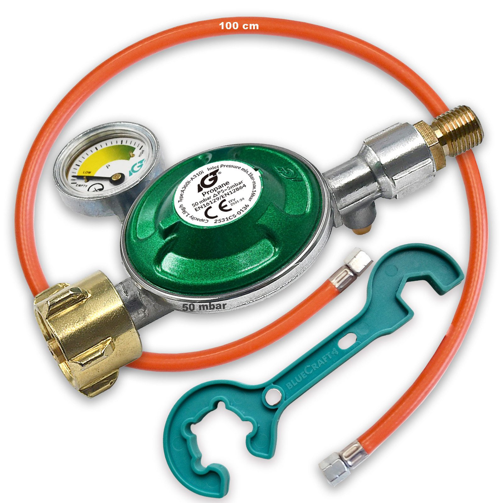 IGT Druckminderer Gas 50mbar Gasdruckminderer Gasdruckregler für Propan-Butan Gasflasche, Füllstandsanzeige, 100cm Gas-Schlauch und Gasregler Schlüssel