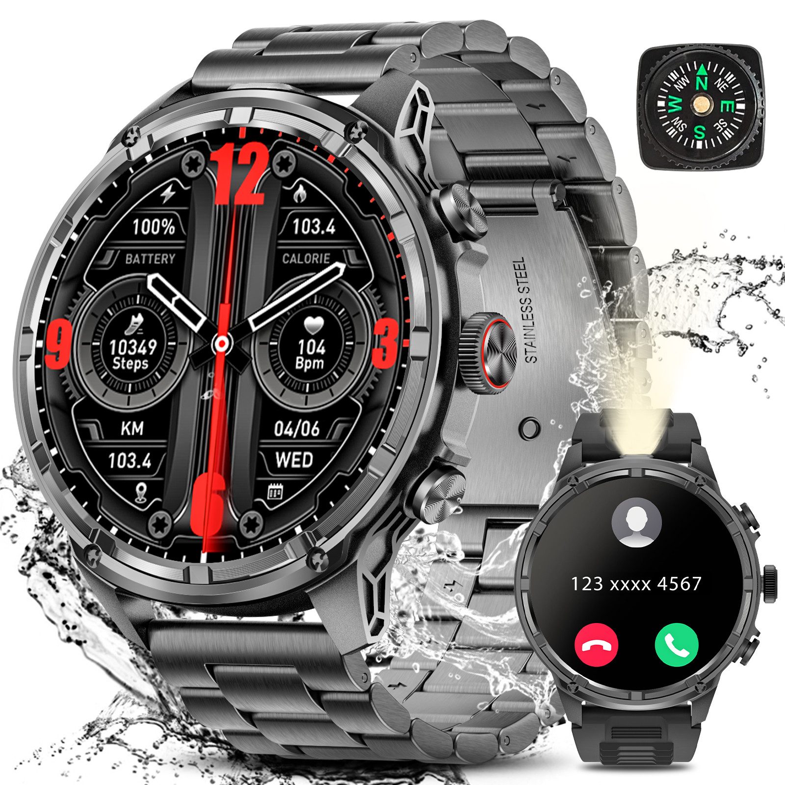 BANLVS 2025 NEW 1000 mAh Smartwatch Herren in Militärqualität 1,85“ AMOLED Smartwatch (3,63 cm/1,85 Zoll, AMOLED) Das perfekte Geschenk für Männer, mit 24/7 Herzfrequenz, Blutdruck, Schlafmonitor, IP68 Wasserdicht/Herzfrequenz/SpO2/Blutdruck/Schlafüberwachung