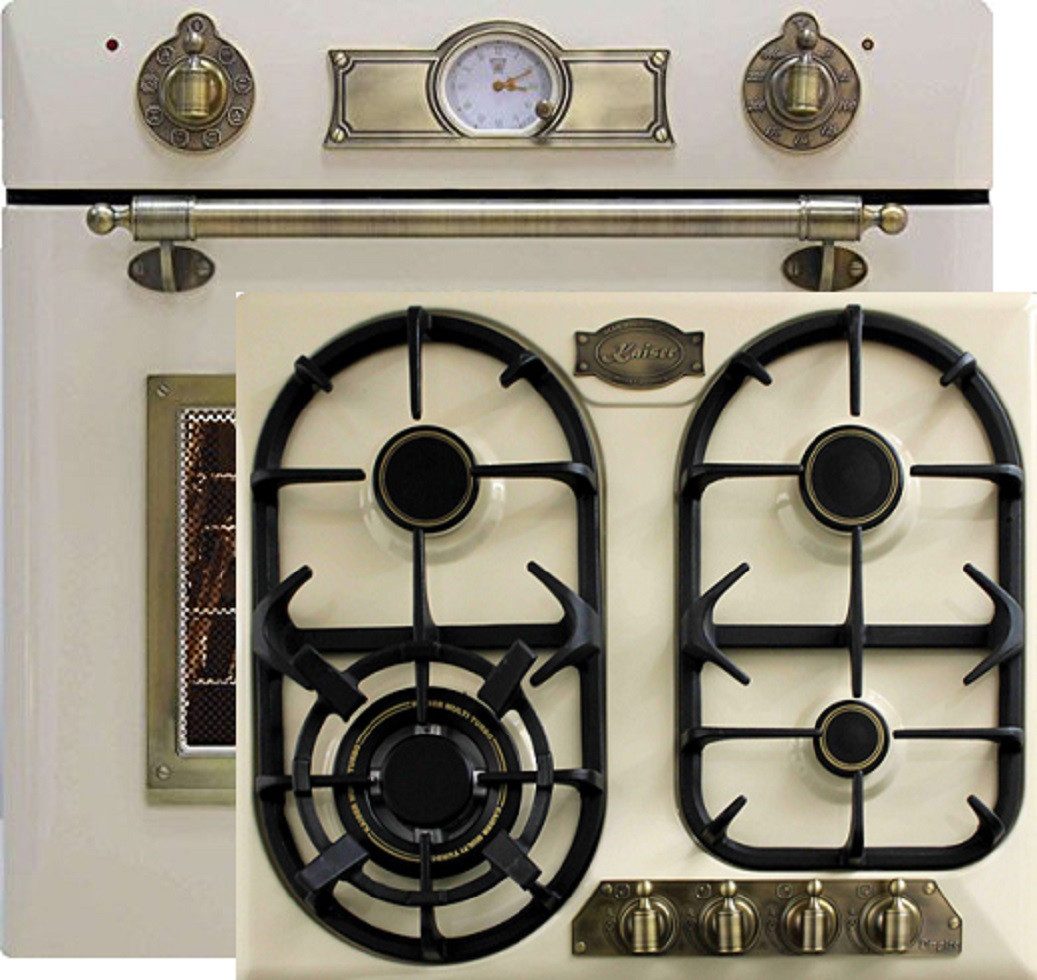 Kaiser Küchengeräte Backofen-Set Herd Set Autark Einbaubackofen Elektro,Retro, Autark, 60cm, 67L, 8 Funktionen,Elfenbein mit Retro Einbau Gasherd, 60cm, Emailliert Elfenbein EH 6355 ElfEm+KG 6325 ElfEm, mit 1-fach-Teleskopauszug