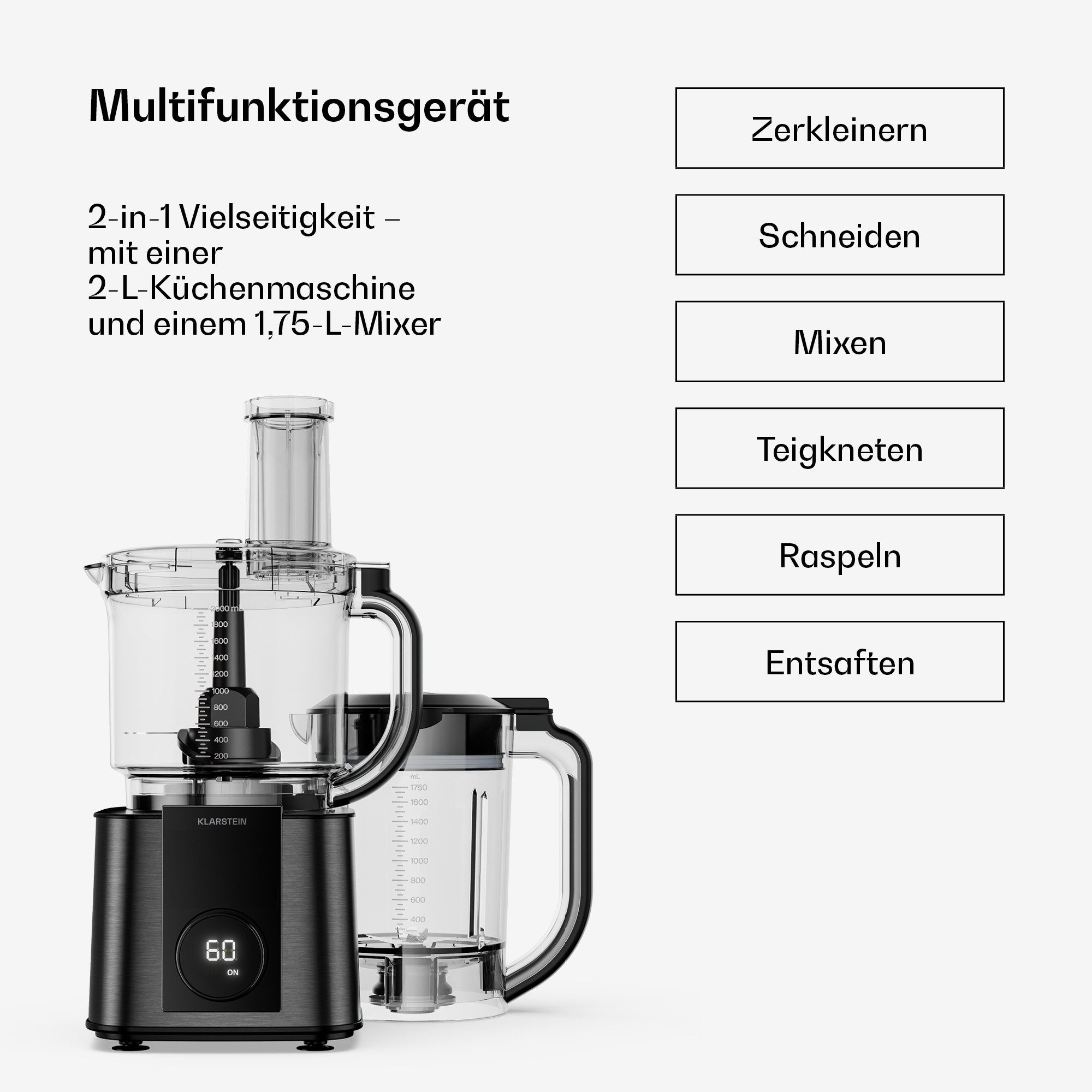 Klarstein Küchenmaschine Verosteel Küchenmaschine + Mixer 1200W 2L+1,75L 10 Stufen 6 Programme, 1200 W, Standmixer Knetmaschine Rührgerät mit Touch & 6 Programm – Bild 3 von 5
