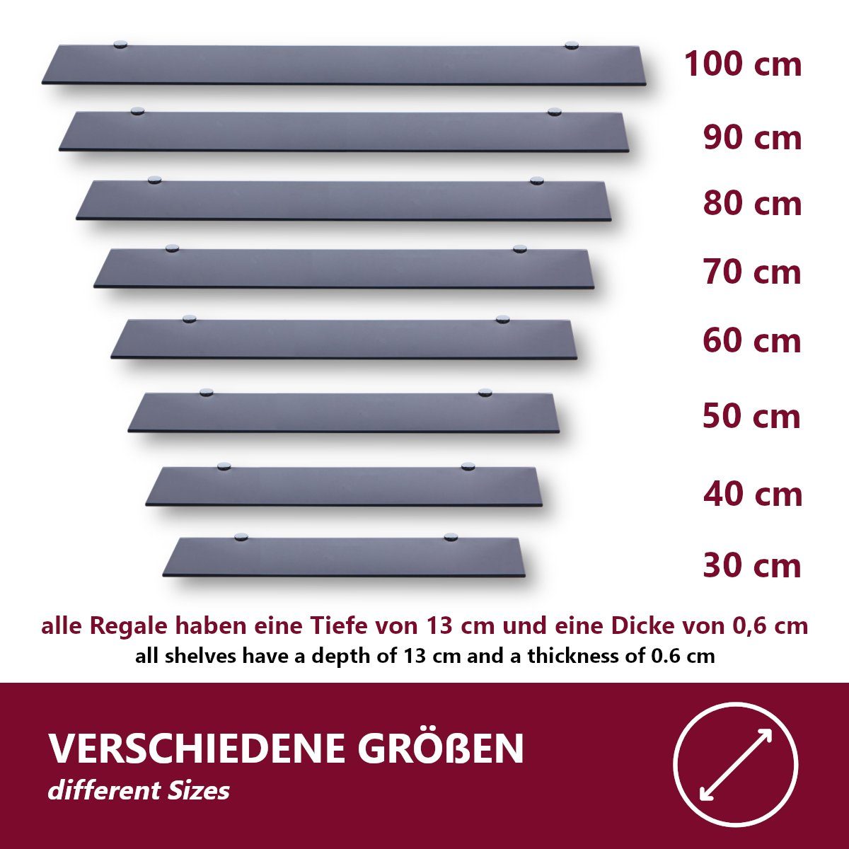 HOOZ Wandregal aus Sicherheitsglas mit Halterung - Schwarz - 60 x 13 x 0,6 günstig online kaufen