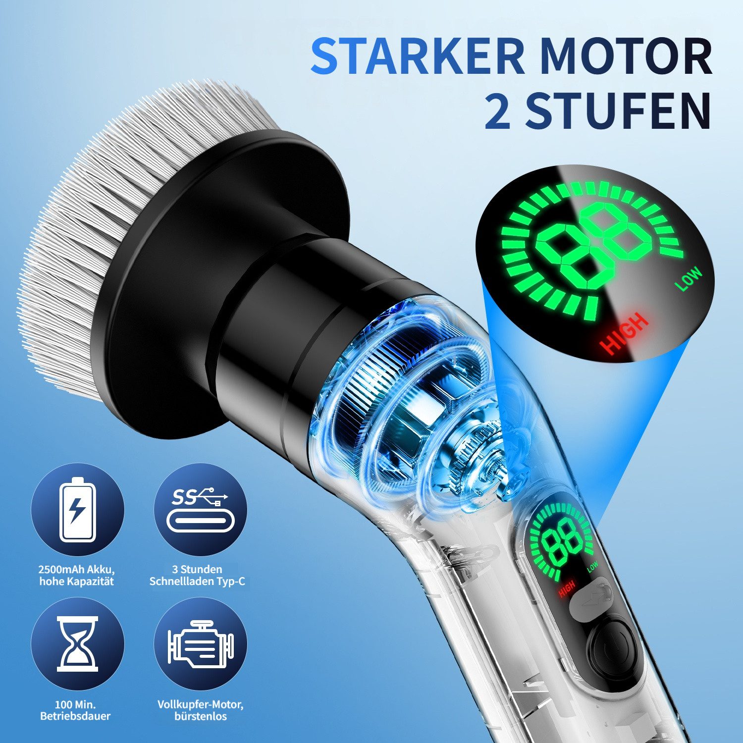 Tekoo Reinigungsbürste Elektrische Reinigungsbürste, Putzbürste Elektrisch mit 9 Bohrköpfen, Fliesen, Glas, Keramik, Fugen, Edelstahl, (Reinigungs-Set), LED-Akkustandsanzeige, Teleskopstiel, 9-in-1 Set, IPX7 wassergeschützt