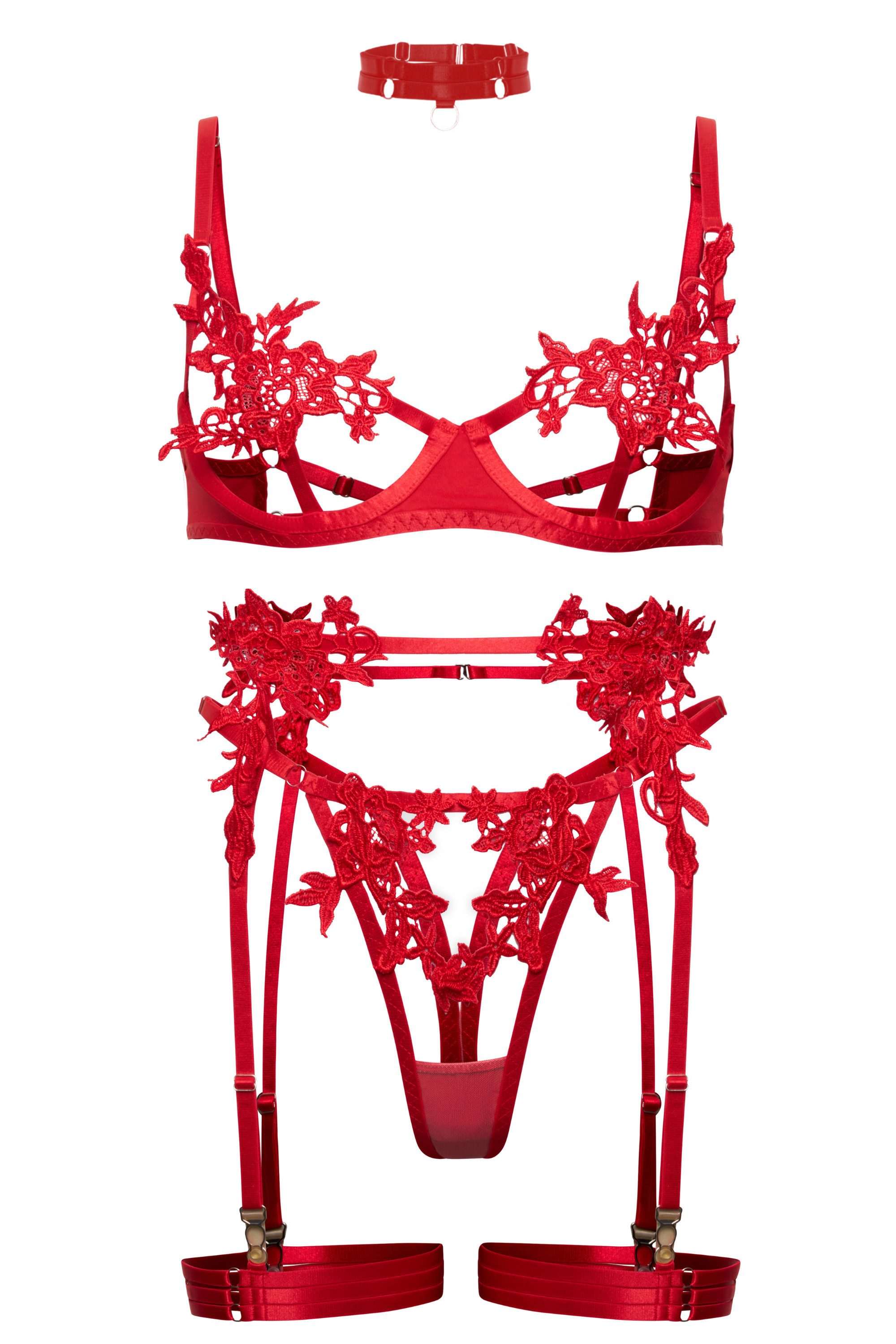 Elegant Love Set: Ouvert-BH Reizwäsche Lingerie mit besticktem Meshdesign – Sexy Dessous Set (Set, 5-tlg., BH, Strapsgürtel, Tanga, Halsring, Beinbänder) Damenunterwäsche im Cut-Out Look mit Bügel-BH – für besondere Momente