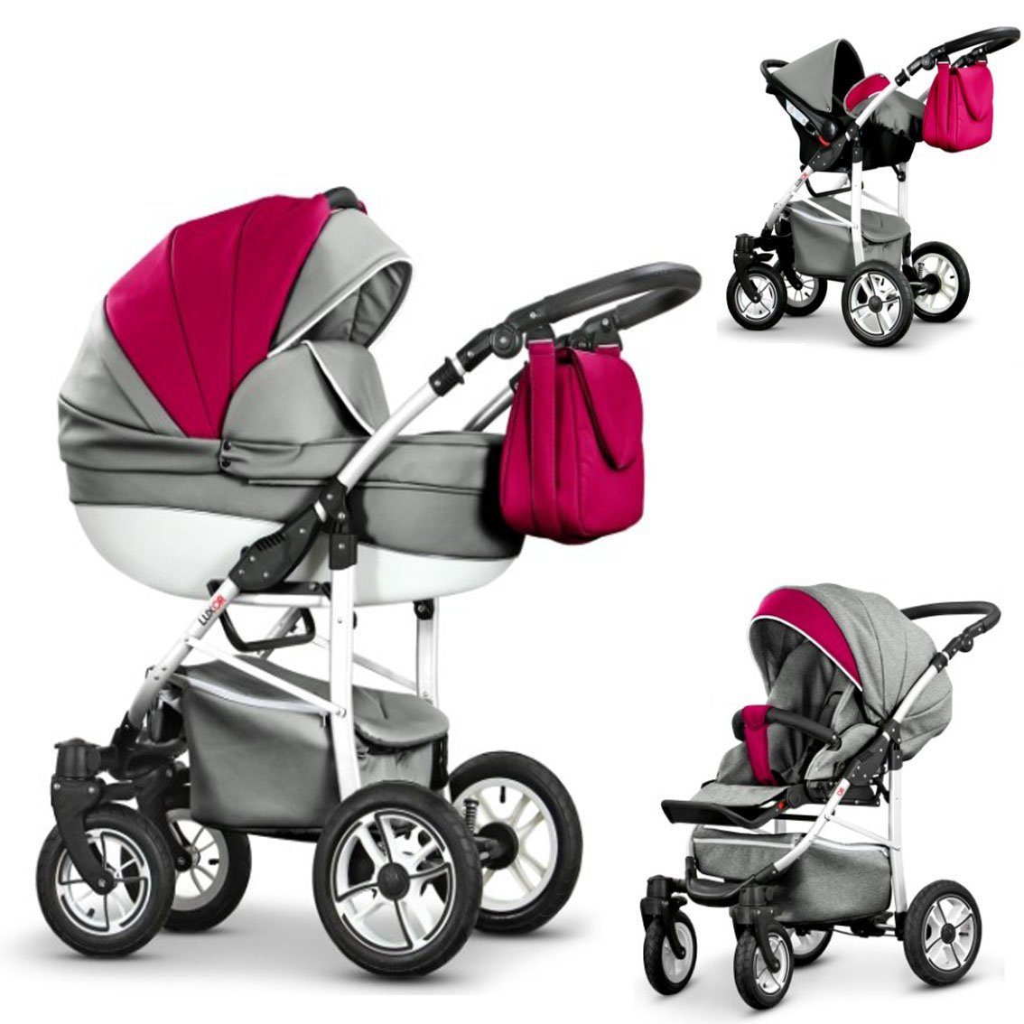 babies-on-wheels Kombi-Kinderwagen 3 in 1 Kinderwagen-Set Cosmo ECO - 16 Teile - in 29 Farben Grau-Cerise-Weiß | Kombikinderwagen