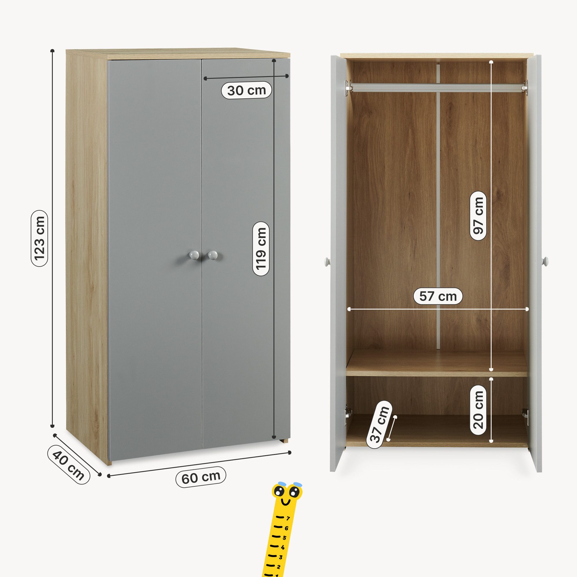 en.casa Kinderkleiderschrank »Beldinupp« mit 2 Türen 123 x 60 x 40 cm Staufach Eicheoptik/Grau