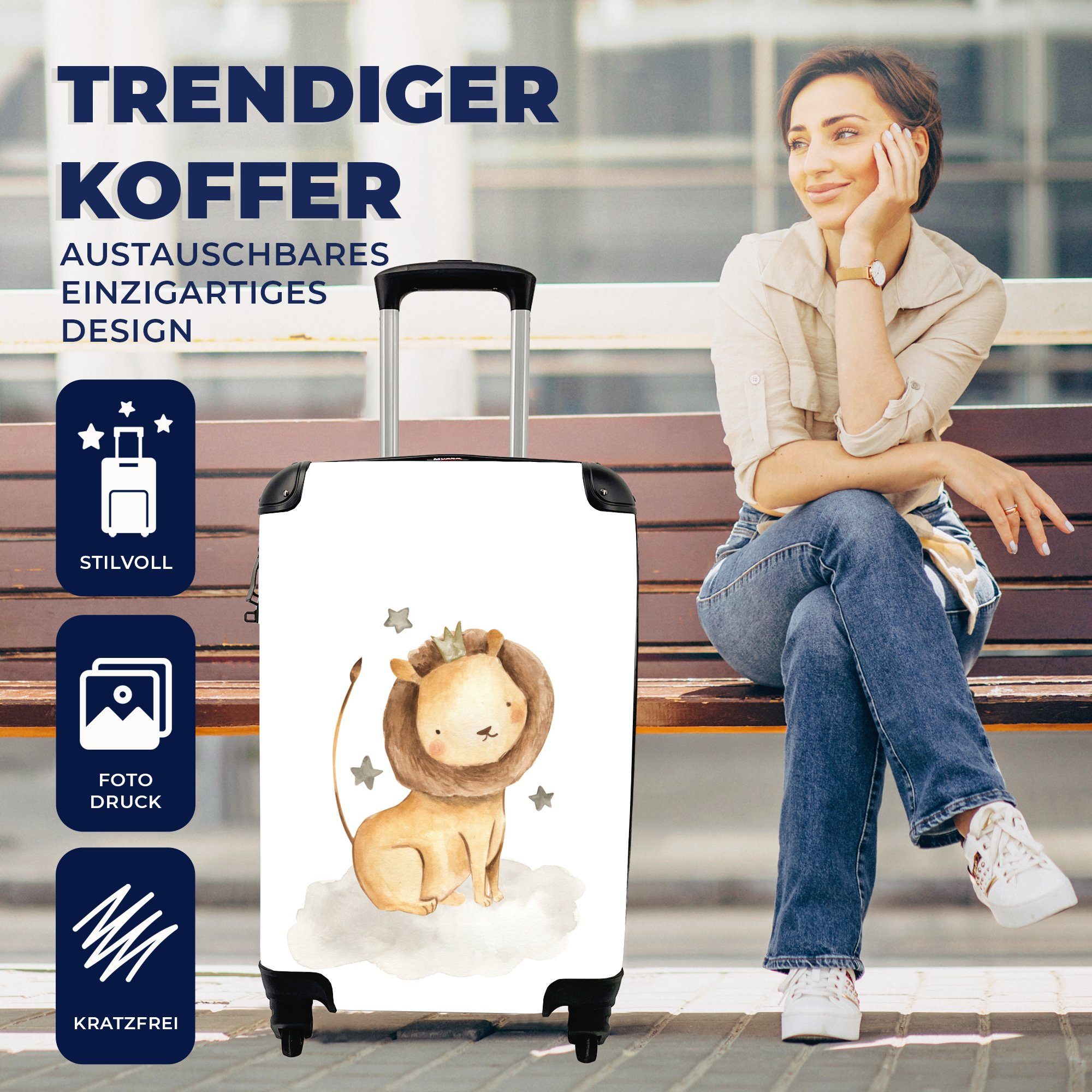 MuchoWow Trolley, Handgepäck Reisetasche 4 Handgepäckkoffer für Krone, Ferien, Löwe - rollen, mit Reisekoffer Sterne - Rollen,