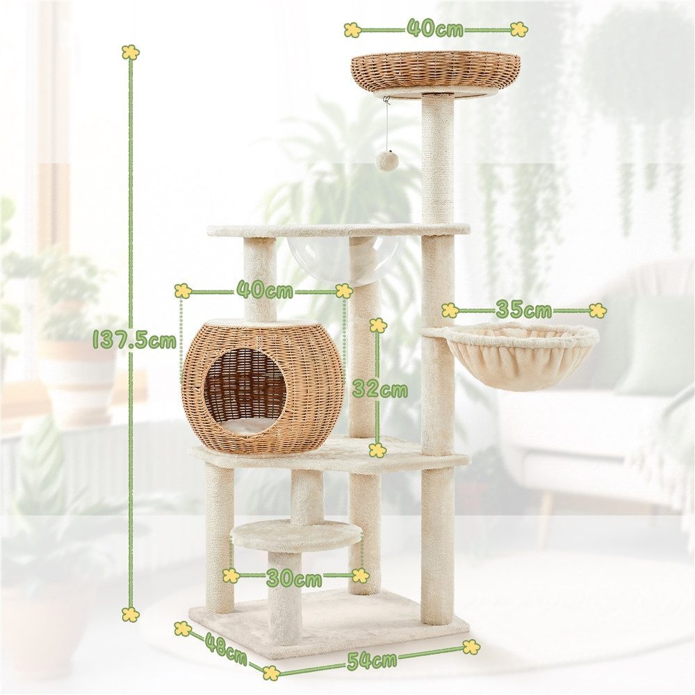 Yaheetech Kratzbaum 137,5 cm (H), aus Rattan-Geflecht, Katzenbaum mit Katzenhaus, Liegemulde, Korb, Sisalstämme, Plüschball