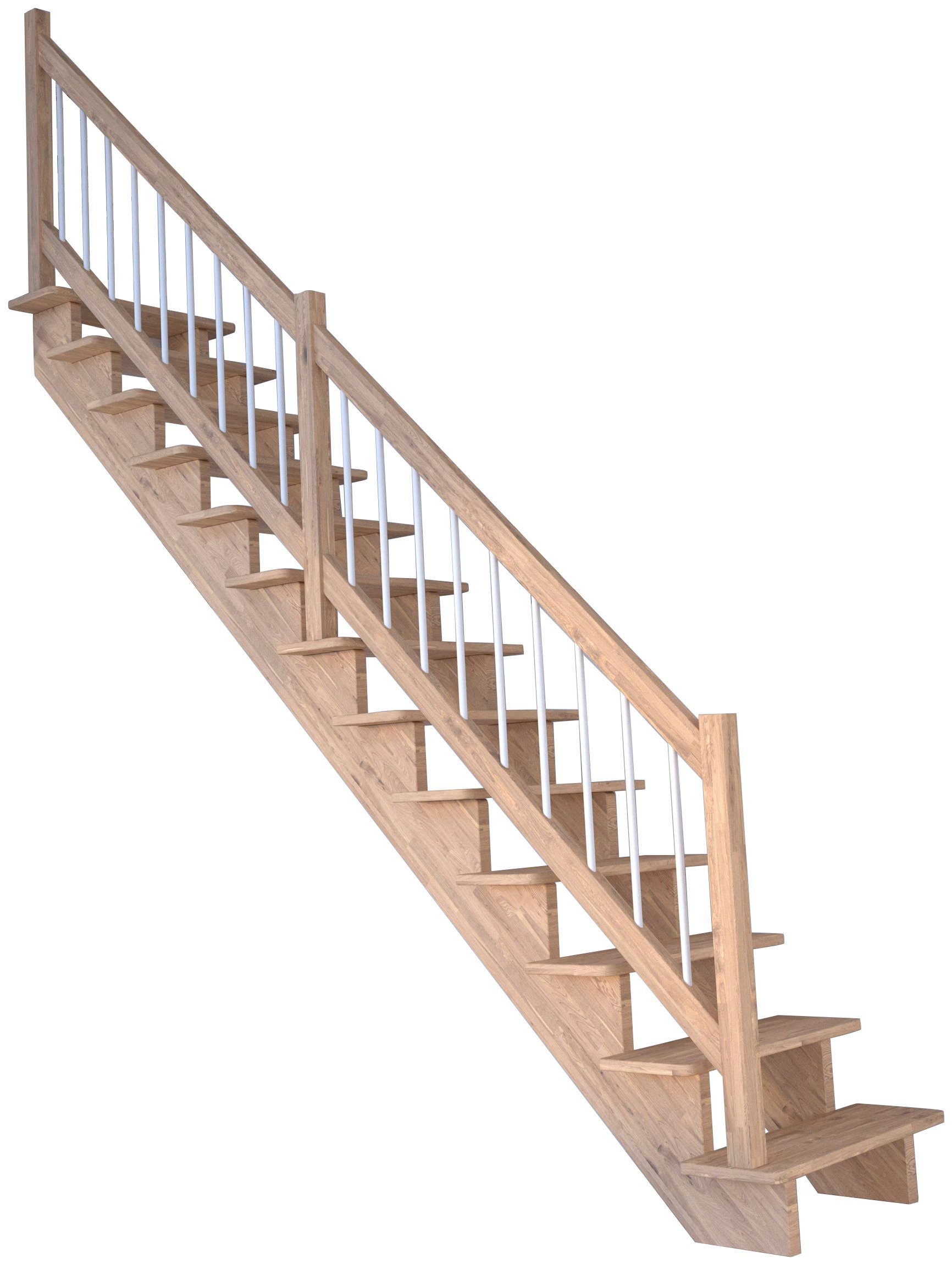 Starwood offen, 300 Durchgehende Stufen Massivholz Systemtreppe bis cm, Lindos, für Geschosshöhen Wangenteile Holz-Edelstahl Weiß,