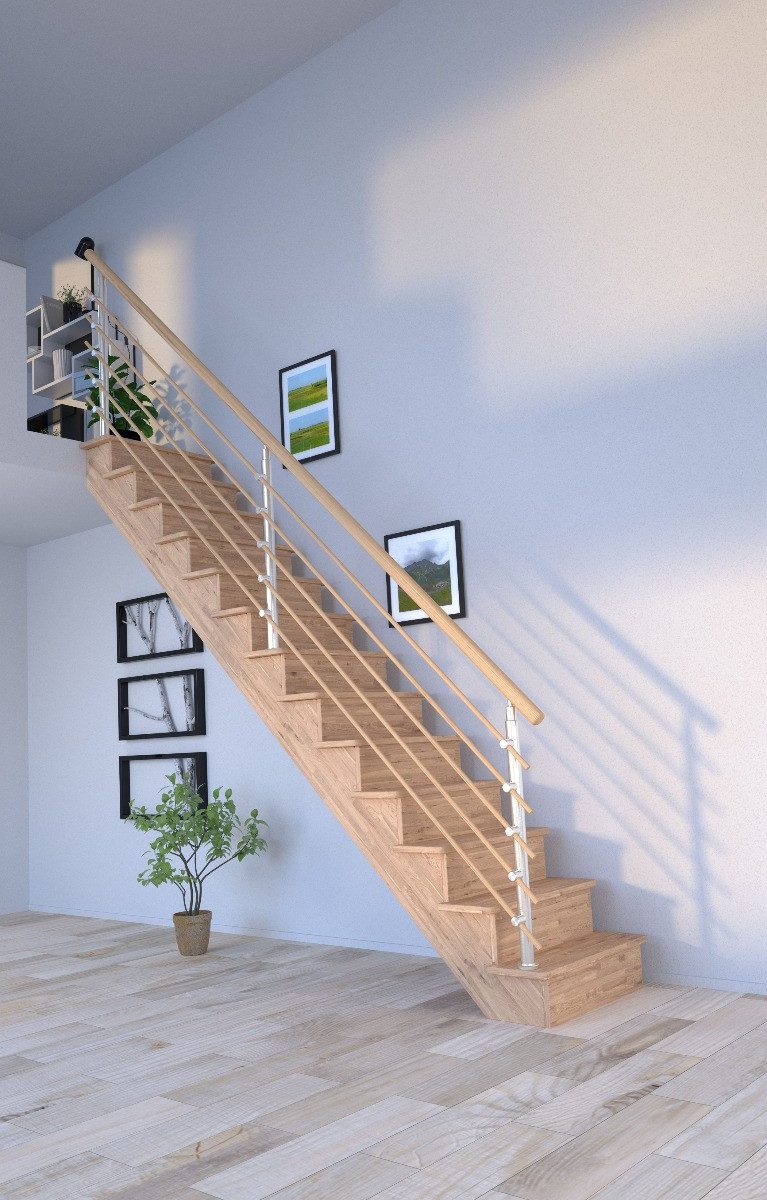 Starwood Raumspartreppe Holztreppe Lindos (Eiche) in gerader Ausführung-80 cm-Design Geländer