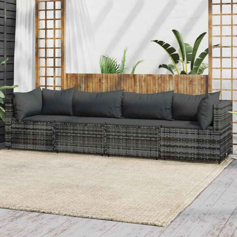 vidaXL Loungesofa 4-tlg. Garten-Lounge-Set mit Kissen Grau Poly Rattan, 1 Teile