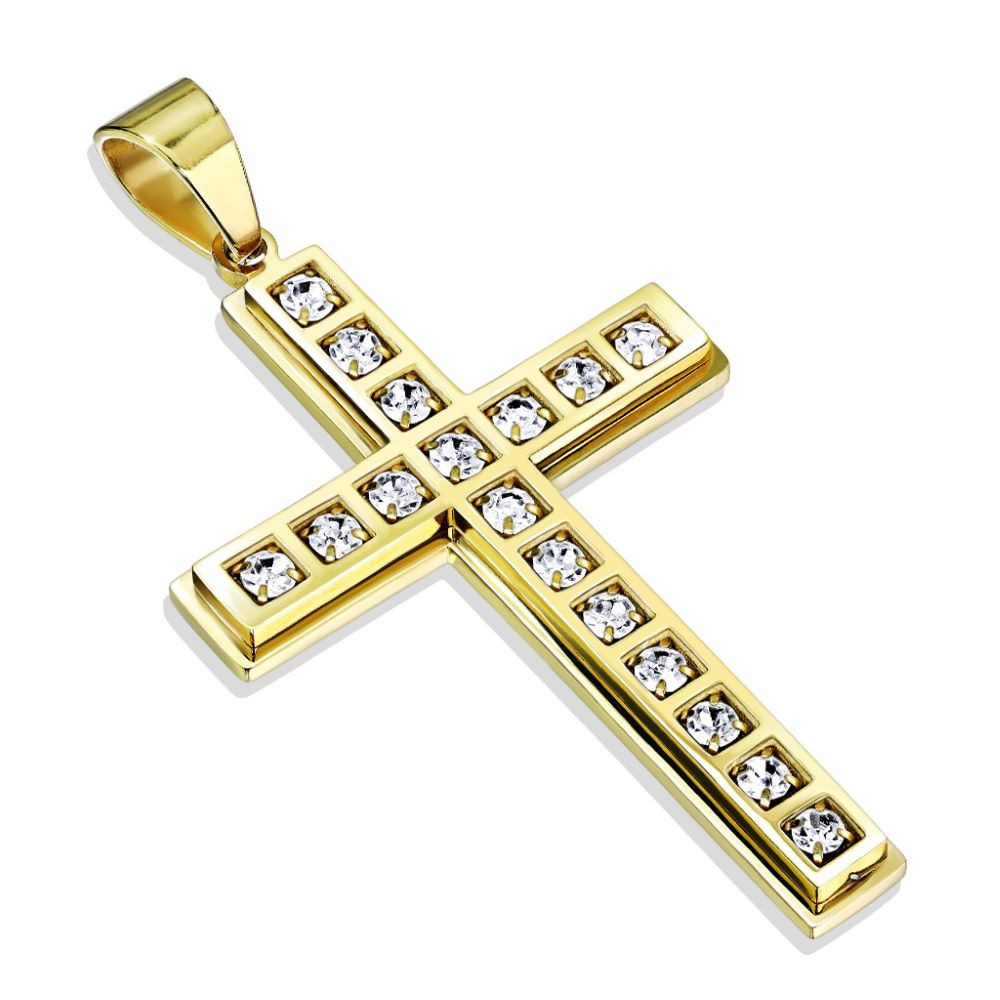 Anhänger Set Anhänger großes goldfarbenes Kreuz mit Kristall aus Edelstahl Unisex