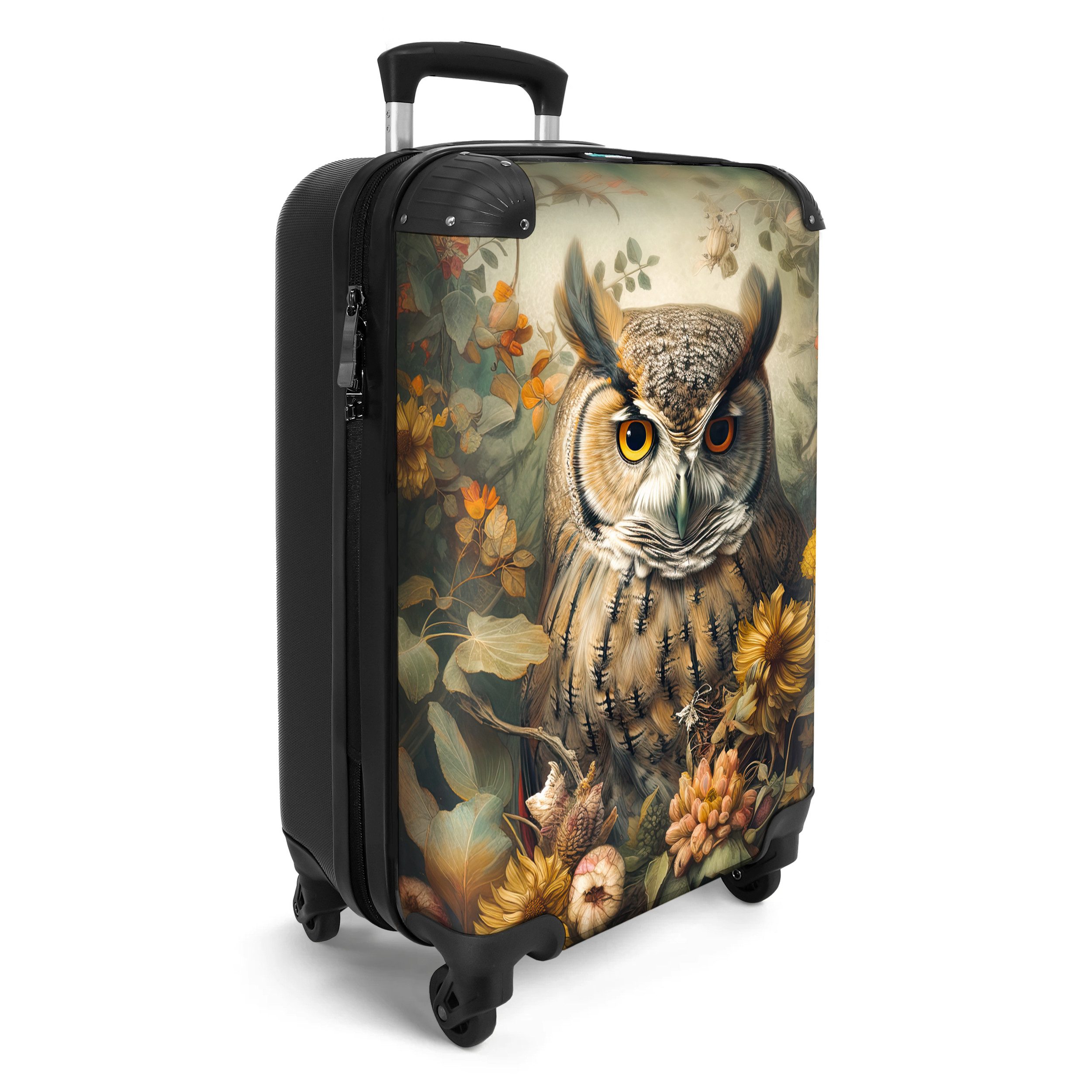 NoBoringSuitcases.com© Hartschalen-Trolley Eule - Vögel - Blumen - Natur 55x35x20cm, 4 Rollen, Reisetasche mit Rollen, Koffer Handgepäck Flugzeug