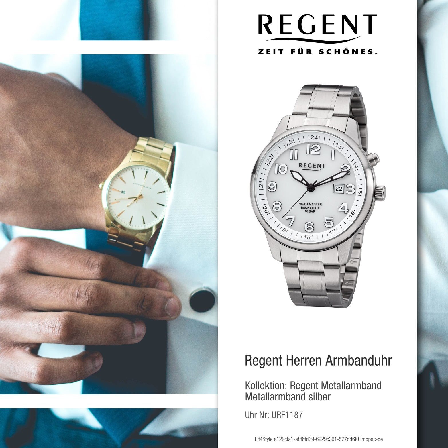 Regent Quarzuhr Herren F-1187 Analog, Regent rundes groß (ca. Metall Uhr Herrenuhr 41mm) Metallarmband silber, Gehäuse