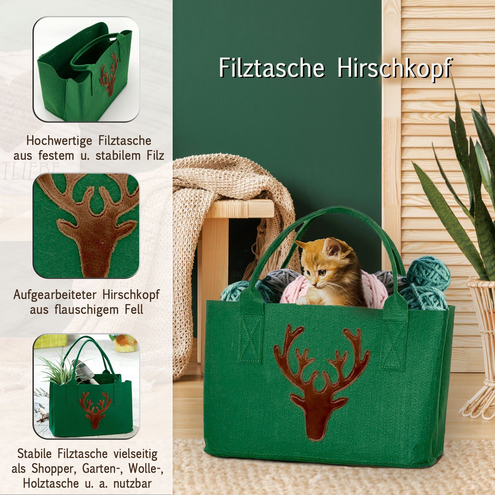 Herzen Shopper Filztasche mit Hirschkopf o. grün Dekokorb grau Schriftzug Casamia von