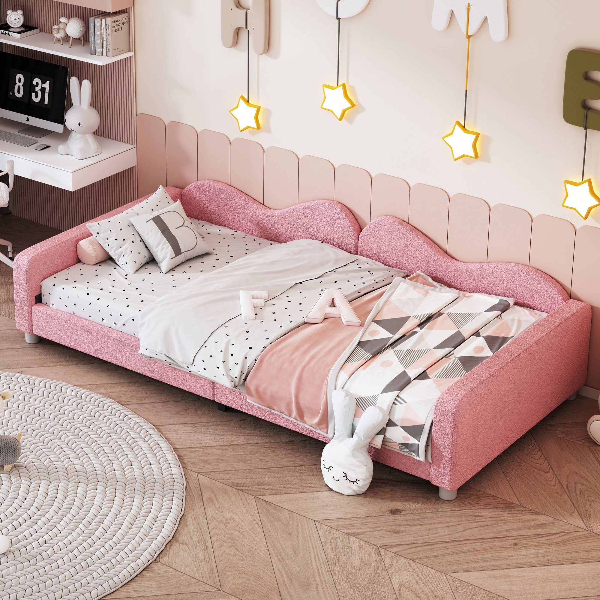 OKWISH Kinderbett Polsterbett 90*200cm, Schlafsofa Jugendbett Gästebett (mit Rückenlehne und Armlehnen, Bettgestell Teddystoff Multifunktionales weiches Bett), ohne Matratze rosa