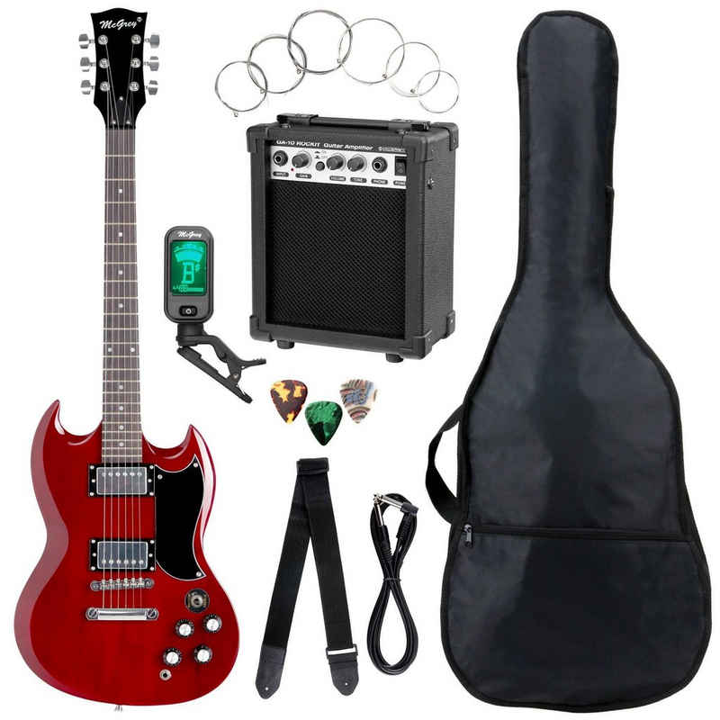 McGrey E-Gitarre McGrey Rockit E-Gitarre Double Cut-Komplettset Cherry Red, Double Cut, Komplettset 4/4, 8-St., inkl. Verstärker, Tasche, Stimmgerät, Plektren, Gurt und Kabel, 10 Watt (RMS) Gitarrenverstärker inklusive!