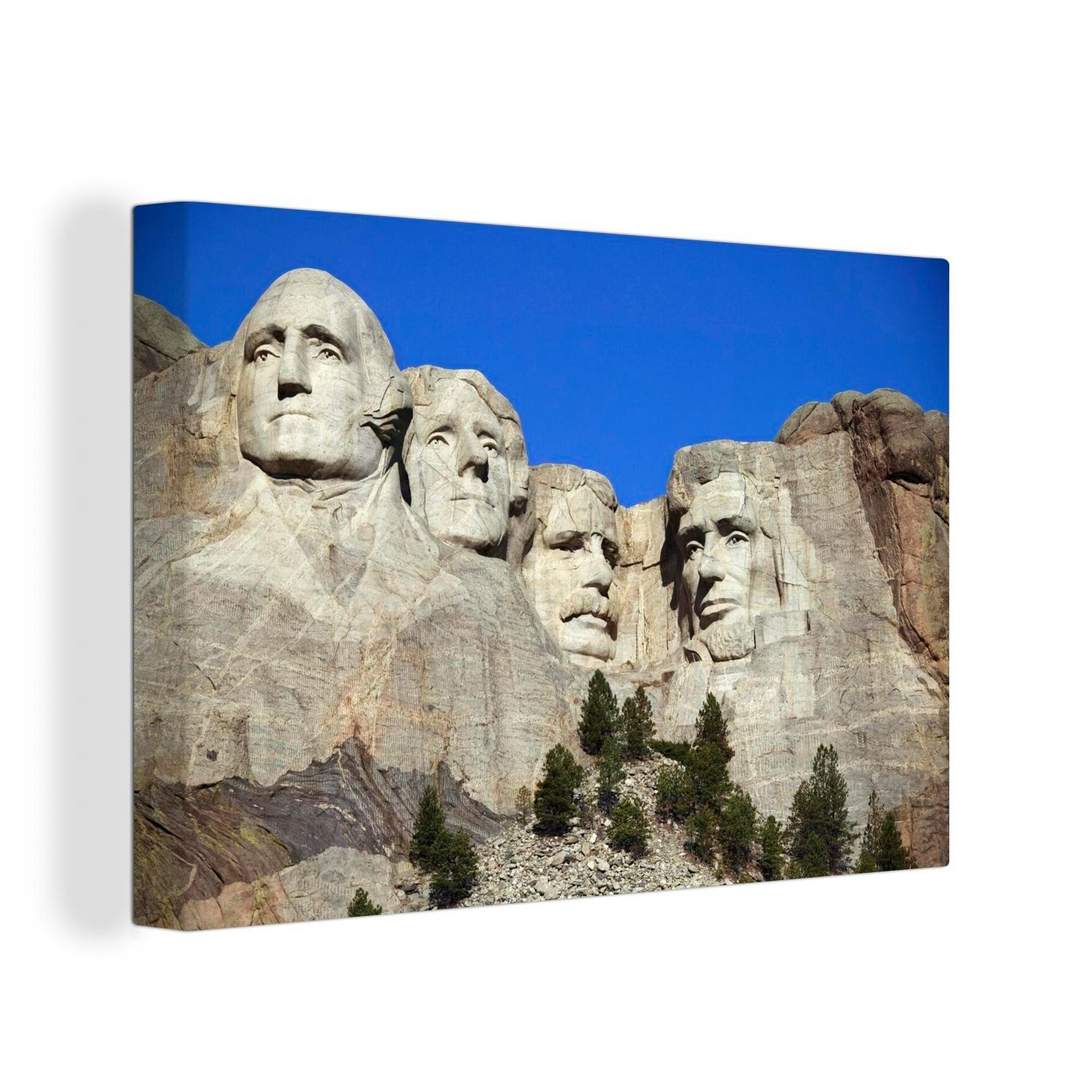 OneMillionCanvasses® Leinwandbild Strahlend blauer Himmel und die Sonne scheint auf den Mount Rushmore, (1 St), Wandbild Leinwandbilder, Aufhängefertig, Wanddeko, 30x20 cm | Leinwandbilder