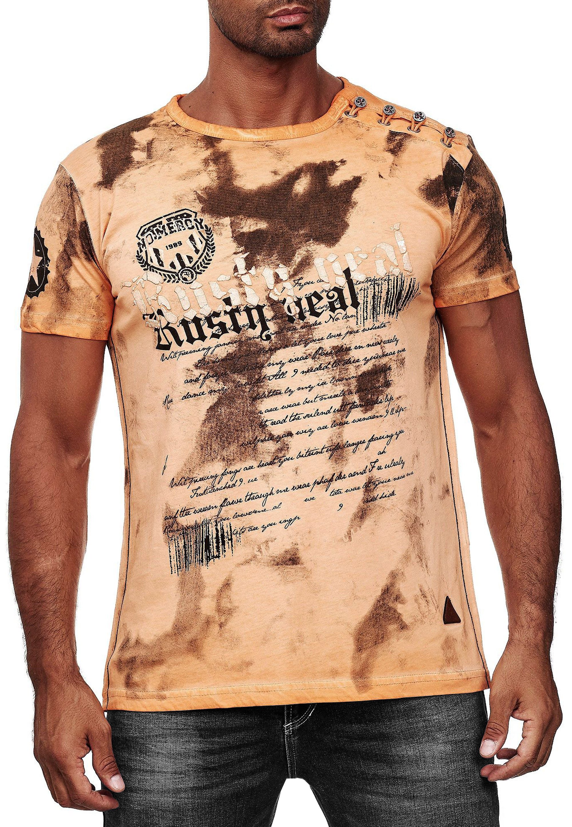 T-Shirt Herren T-Shirt Verwaschen mit Seitlicher Knopfleiste und Front Prints